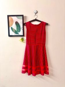 Cute Red Striped Stretchable Fit &amp; Flare Dress