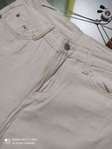 Cream Raw Hem Wide Leg Jeans