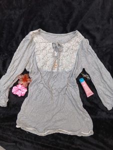 Gray Long Sleeve Lace Detail Top
