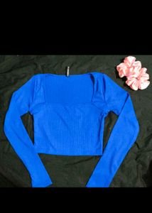 Blue Square Neck Long Sleeve Crop Top