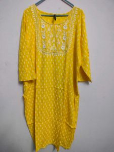 Yellow Embroidered Cotton Kurta