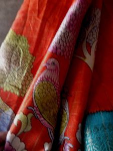 Orange Saree with Scenic Bird &amp; Tree Print