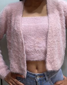 Pink Fuzzy Cardigan Set