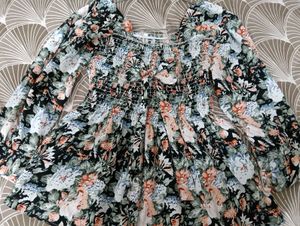 Floral Printed Top With Bow On Centre