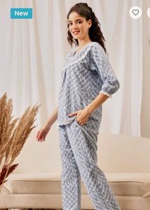 Clovia Rich cotton blue floral lace night suit