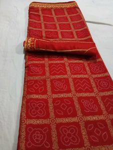 Red Saree With Golden Print Work