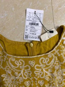 Westside Mustard Embroidered Cutout Midi Dress