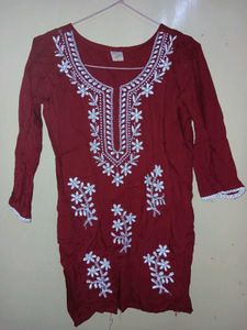 Maroon Embroidered Short Kurti