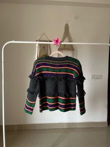 ARYGLE  PRINT TASSLE GREY SWEATER