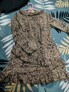 Leopard Print Frill Dress With Wrap Design