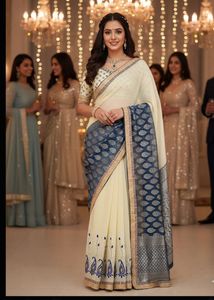 Elegant New Cream & Navy Saree