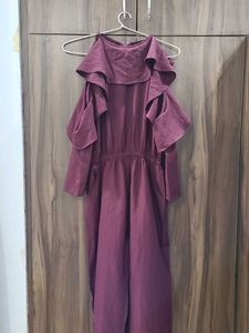 Maroon Cold Shoulder Ruffle Jumpsuit
