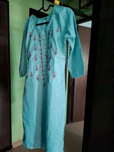 Embroidered Green Cotton Kurta