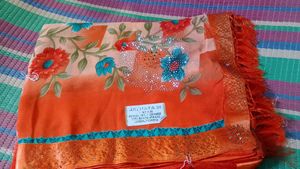 Orange Floral Sari with Embellishments