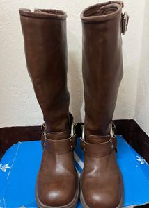 Brown Knee High Biker Boots