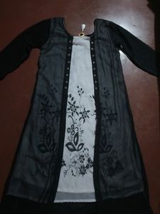 Trendy Stylish White Dress With Black Net Overcoat