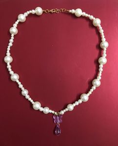 Pearl Bead W Butterfly&Teardrop Pendant Necklace
