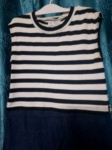 Denim Dress With Black And White Stripes