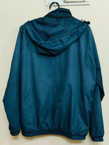 Blue Polyester Jacket With Hoodie