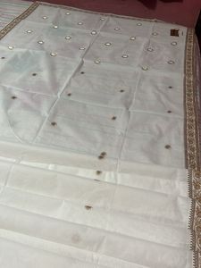 Brown Floral Bordered White Saree