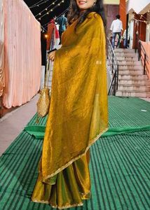 Trendy golden Saree with designer blouse