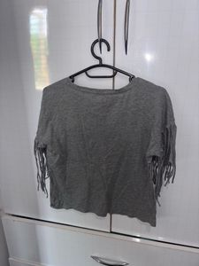 Gray fringe sleeve top