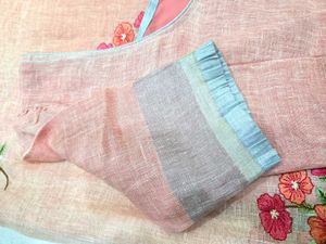 Peach Linen Saree with Floral Embroidery