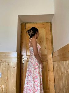 Pink  Floral Printed Shoulder Strap Flare Dress