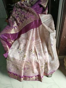 Used CreamColor With PurpleBorder TussarSilk Saree