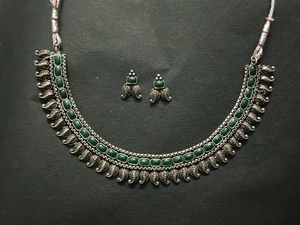 Green Silver Oxidised Necklace Set