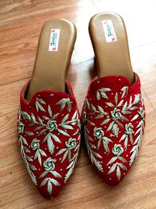 Red Embroidered Fashion Mules