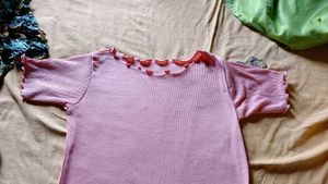 Pink Ruffle Trim Ribbed Knit Top