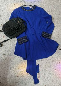 Blue Embellished Peplum Top dress with purse
