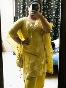 Yellow Kaftan Party Wear Set With Pant And Bag