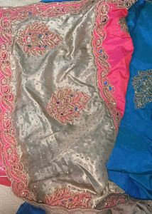 Pink &amp; Silver Embellished Saree