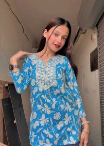 Floral Print Blue Short Kurti