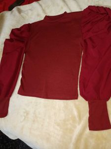Red Puff Sleeve Mock Neck Top