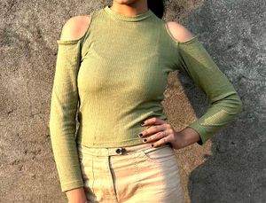 Green Ribbed Cut Out Top