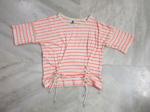 Whit And Neon Pink Stripes Casual Top With Cute Tie-up Laces. Cute Drop Shoulder Style