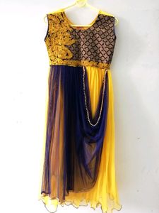 Yellow Blue Long Ethnic Dress For Women