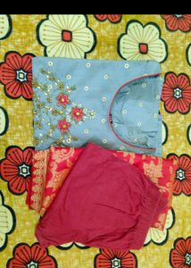 Grey Kurti with Red Banarasi Dupatta