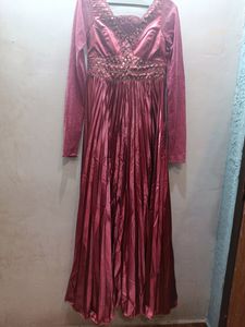 Party Wear Satin Full Sleeve Long Gown