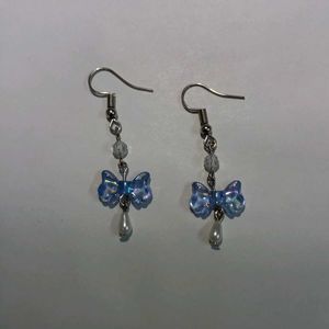 Handmade Blue Bow Earrings with Drop