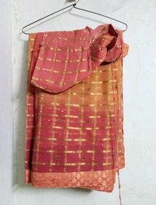 Orange &amp; Gold Checkered Saree