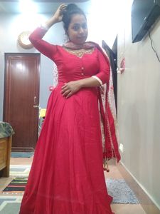 RED ANARKALI FLARED GOWN WITH EMBROIDERED DOPATTA