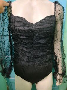 Black Polka Dot Mesh Sleeve Bodysuit