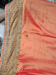 Peach Saree with Gold &amp; Blue Embroidery