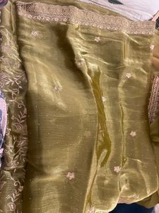 Olive Green Organza  Fabric 3 Piece Suit Set