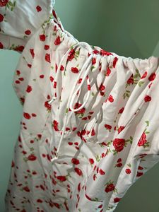 White_red Colour Flower Rose Printed Dress