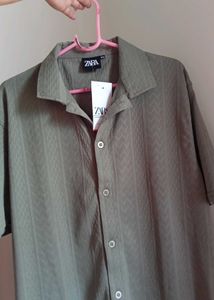 Zara Olive Green Patterned Button-Down Shirt